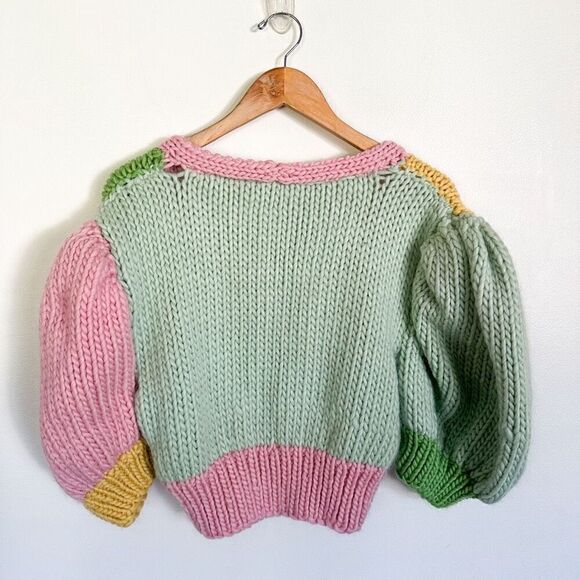 Hope Macaulay Free People Sparkle Puff Sleeve Color Block Pastel Chunky Knit Car - Picture 3 of 12